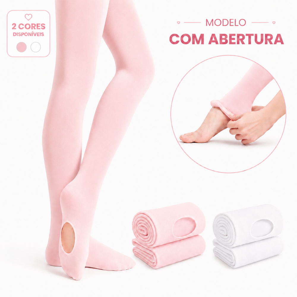 Meia Calça Infantil Ballet Menina Com Abertura Fio 40 Suplex Jazz Dança Sapateado Rosa Branco Selene