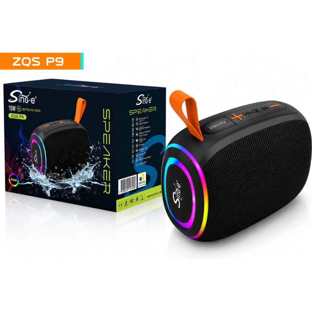 Caixa de Som Portátil Sem Fio Sing-e ZQS-P9 – Caixa de Som Compacta com Bluetooth 5.3 e Graves Potentes, com Luz RGB par