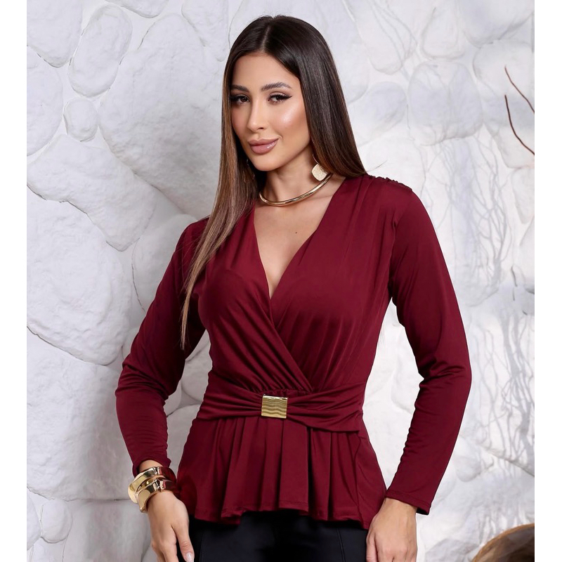 Blusa feminina elegante peplum manga longa gola media chic casual