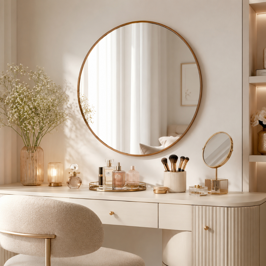 Espelho Decorativo Redondo com Moldura em Couro 80CM Para Parede Sala Quarto Banheiro Salão de Beleza