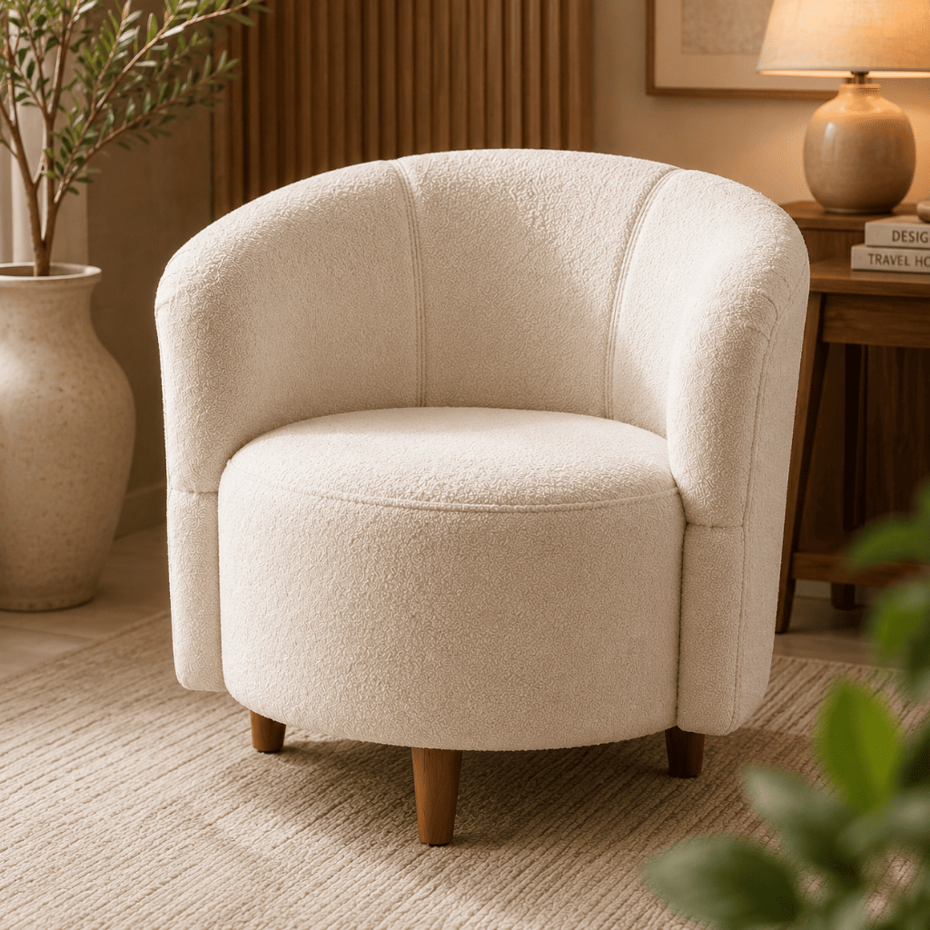 poltrona decorativa lizz tecido boucle pés e base madeira sala de estar recepção orgânico luxo décor