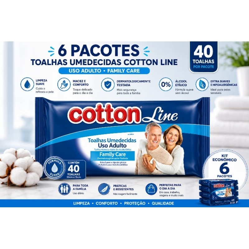 Toalhas Umedecidas Adulto Kit 6 Pacotes - Total 240 Unidades Sem Álcool Dermatologicamente Testadas - Cotton line