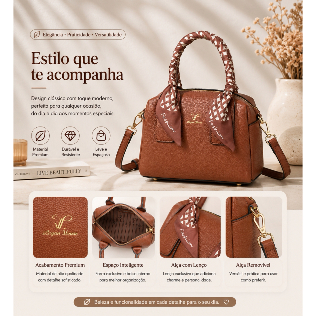 Bolsa Feminina Estruturada Elegante com Lenço Decorativo Alça de Mão e Transversal para Trabalho e Passeio