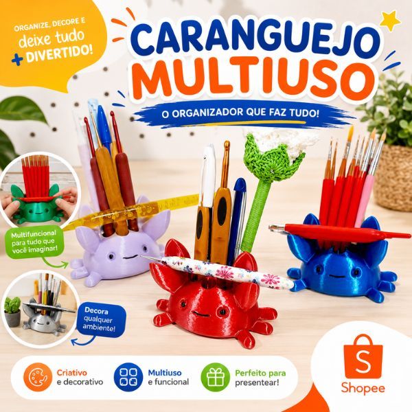 🐚 Caranguejo Porta Canetas, Agulhas de Crochê, Pincéis e Ferramentas Decorativo - Suporte Para Celular Caranguejo