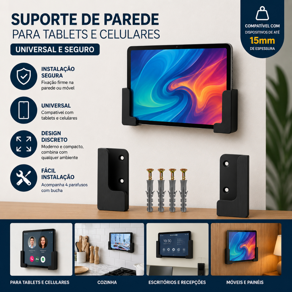 Suporte de Parede e Moveis Para Tablets e Celulares Ipad Universal Até 15mm Com Parafusos