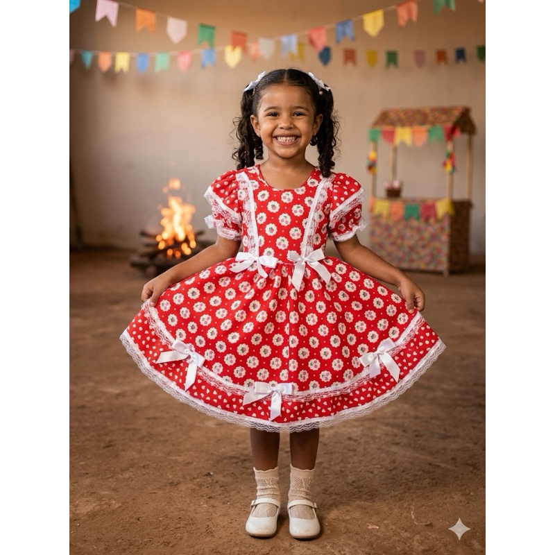 Vestido junino infantil festa junina vermelho festa julina renda laços luxo