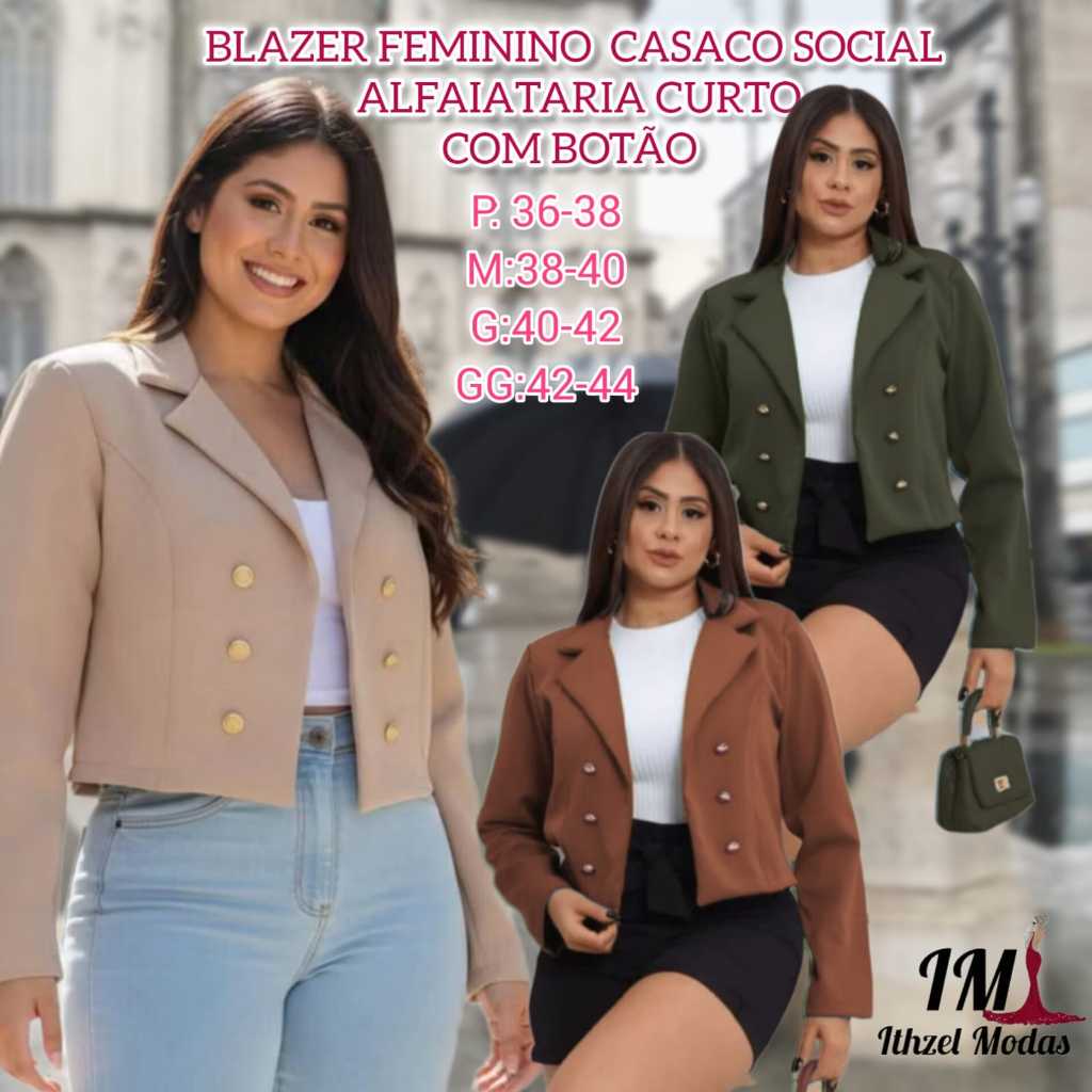 Blazer Feminino Liza Curto Alfaiataria Casaco Social Trabalho Botões Dourados P-M-G-GG