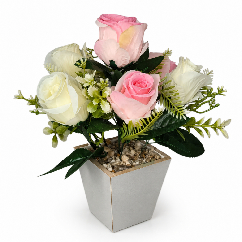 Arranjo De Rosas Artificiais Branco E Rosa Vaso Madeira MDF 27,5cm Para Mesa Sala Quarto Presente