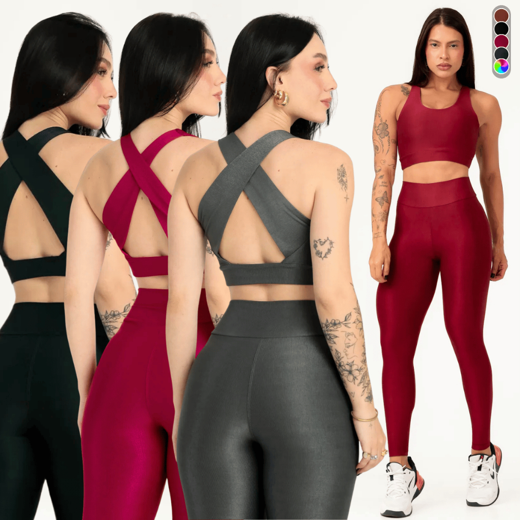 Conjunto Fitness Canelado Poliamida Calça Legging Top Feminino Zero Transparência Roupa Academia
