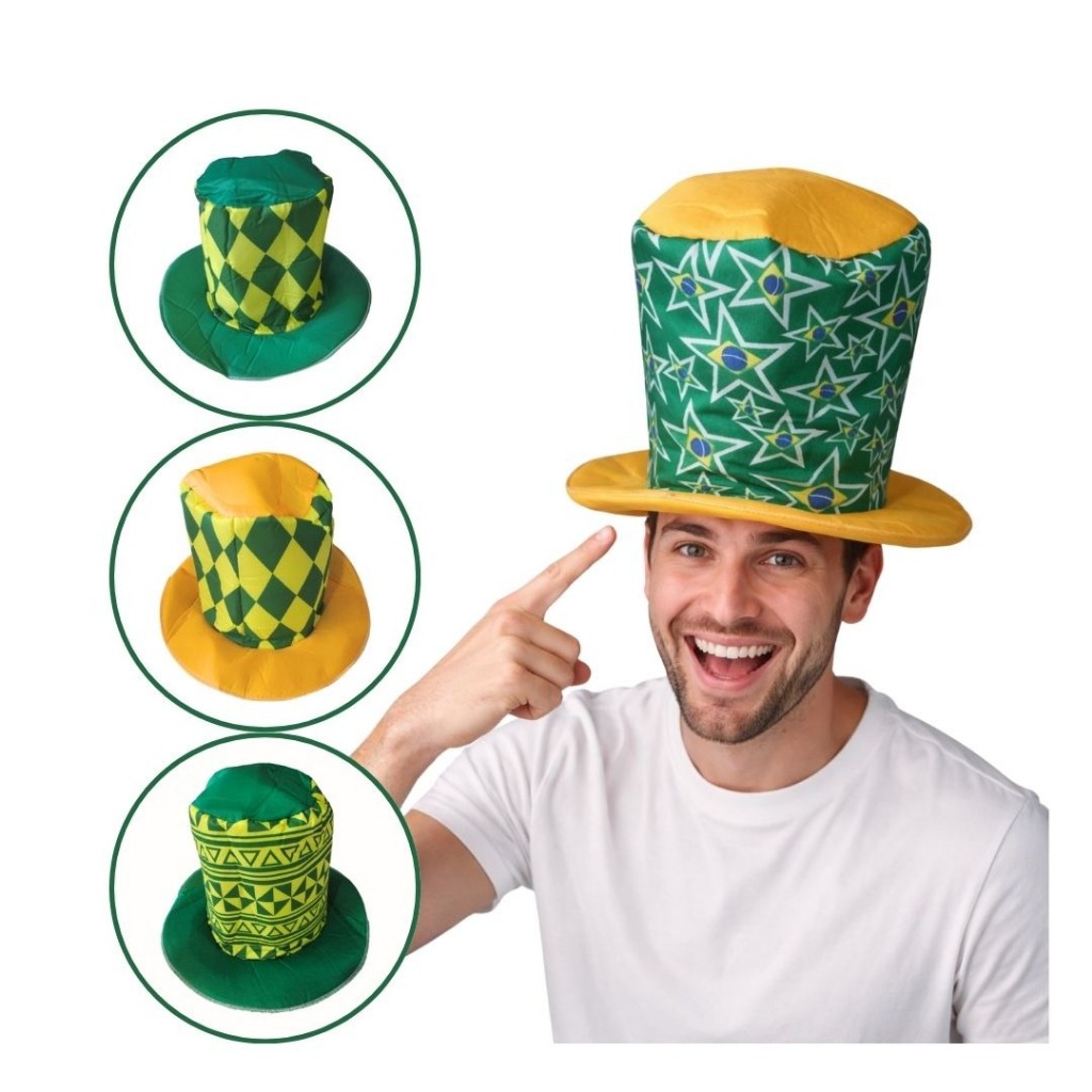Kit 6 Chapéus Cartola Estampada Brasil Torcida Verde e Amarelo Seleção Brasileira Jogos Copa do Mundo Desfile 7 Setembro