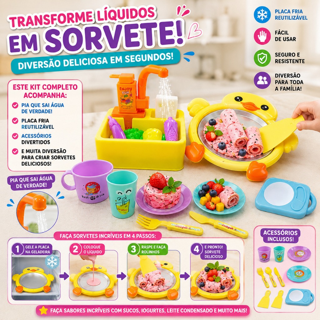 Sorvete Na Placa Fria Infantil Faz Sorvete De Verdade Com Pia E Acessórios Maquina de Fazer Sorvete