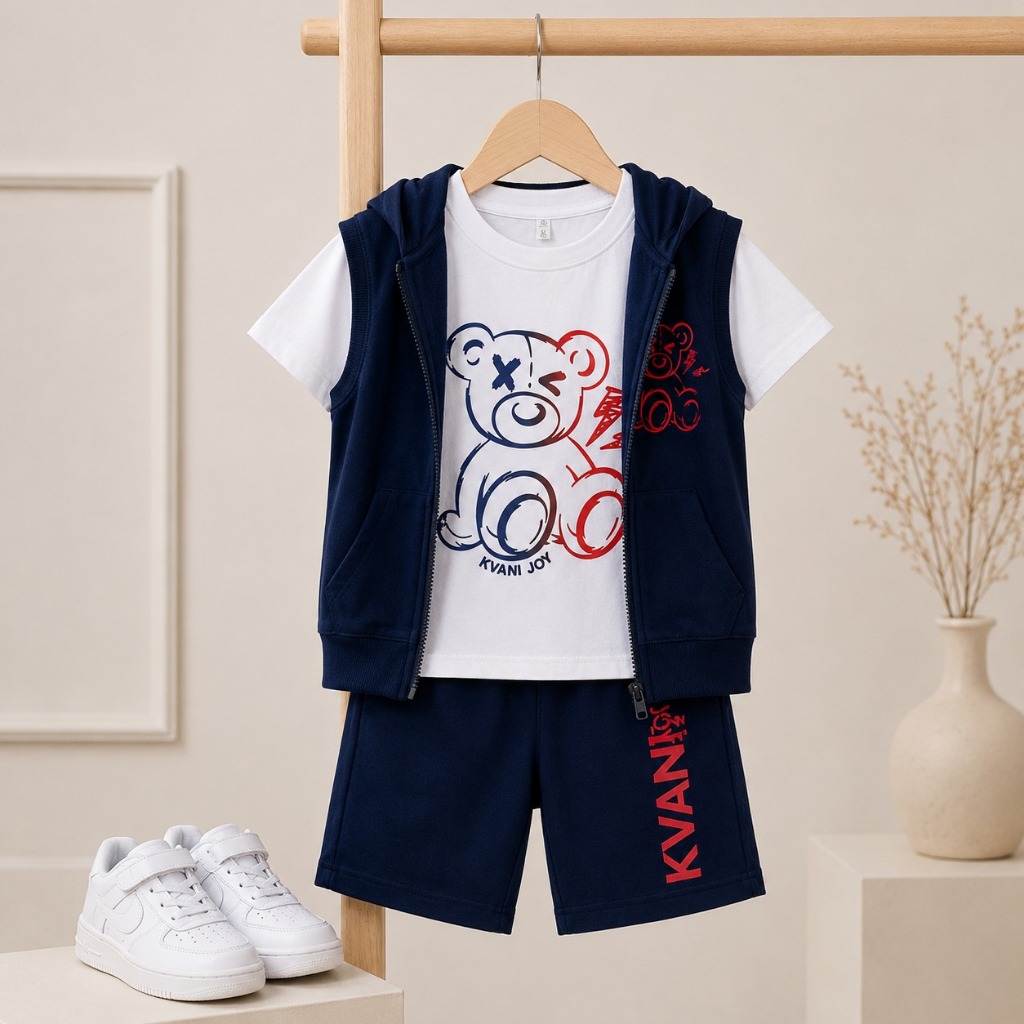 Conjunto Roupa Infantil para Menino - 3 Peças Blusa+Colete+Bermuda Moletinho Tamanho 2