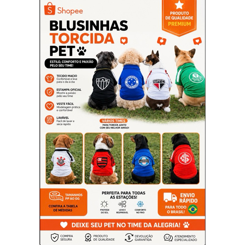Roupa Time Pet PORTE PEQUENO Cachorro Blusa Torcedor Pet Blusa Pet Time