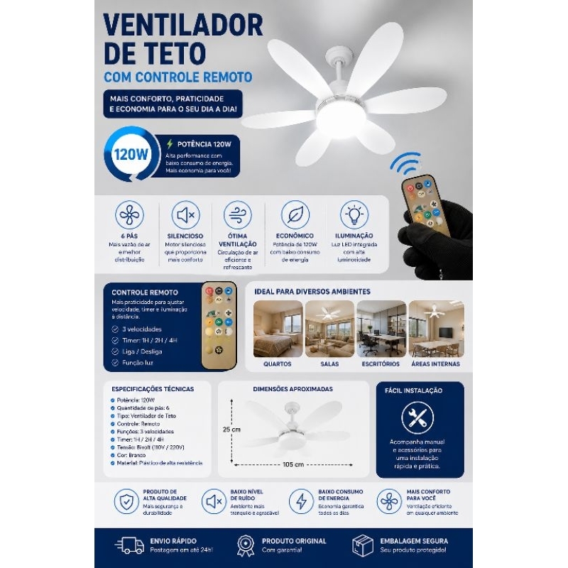 🌬️ Ventilador de Teto LED Regulável 120W - Portátil Com Controle Remoto 6 Pás Silencioso Bivolt Econômico