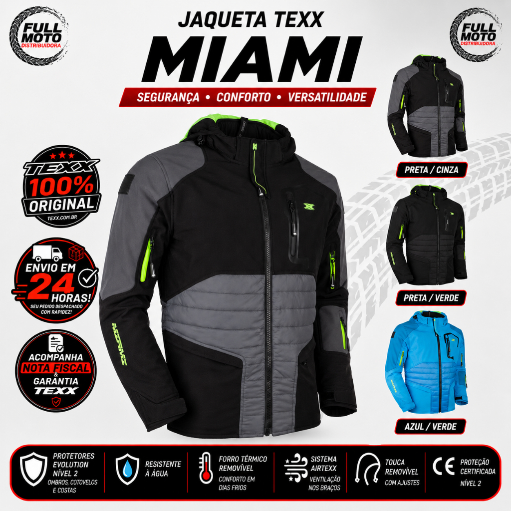 Jaqueta Texx Miami Proteção Nível 2 unissex Forro Térmico Conforto Urbano resistente à água
