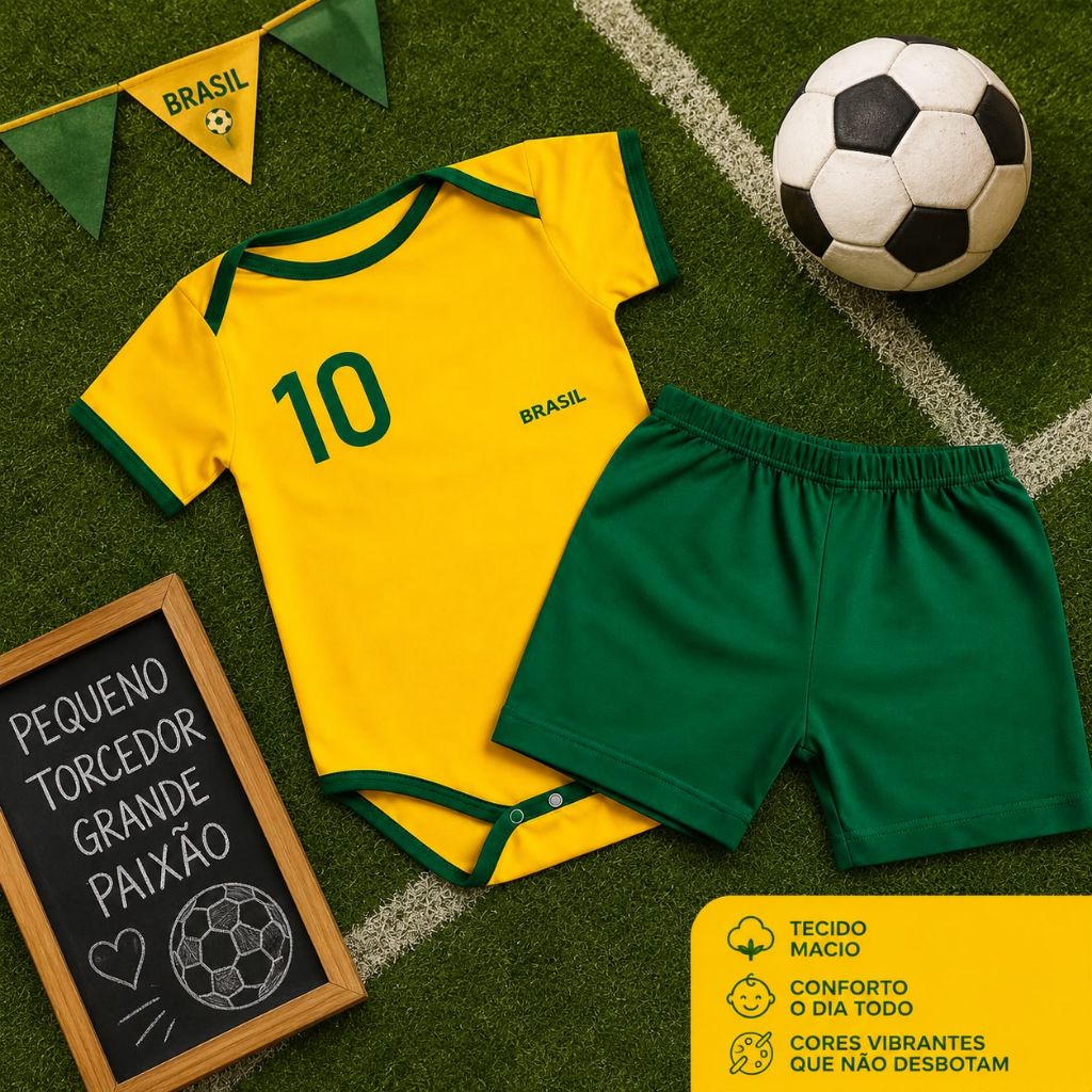 Roupa de Bebê Conjunto Body Menino e Short Brasil Amarelo e Verde Mesversário Temático 3-6 meses