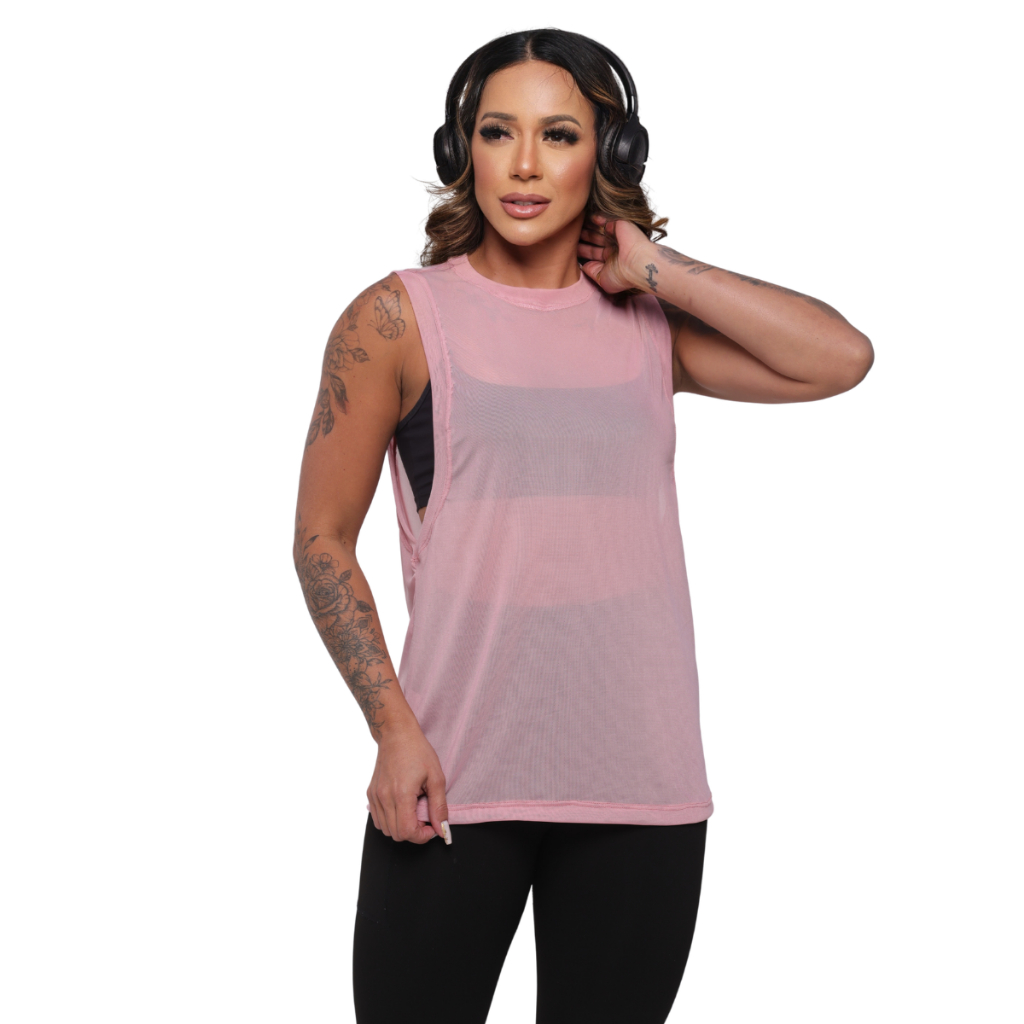 Regata Transparente de Tule Academia Feminina Regatão Blusa Moda Fitness