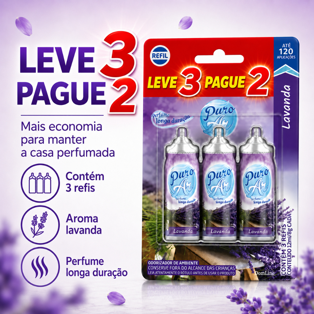 Kit Refil Lavanda Bom ar Aromatizador Casa Banheiro 12mlk Puro Ar Domline