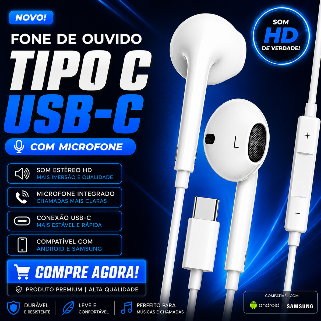 Fone de Ouvido Tipo C USB-C com Microfone Som Estéreo HD Compatível Com Android Samsung