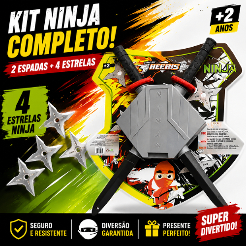 kit Ninja Deadpool Brinquedo 7 peças: Espada Plástico + Suporte Costas + 5 estrelas Herói criança