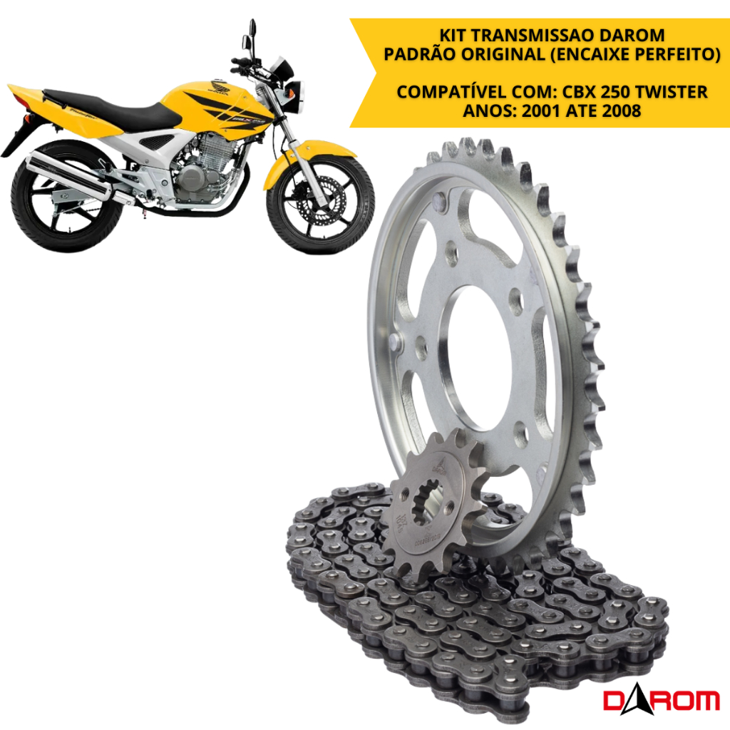 Kit Relação Transmissão Darom CBX 250 Twister 2001 a 2008 Corrente Coroa Pinhão 520H 106 Elos 37T 13T Honda CBX250