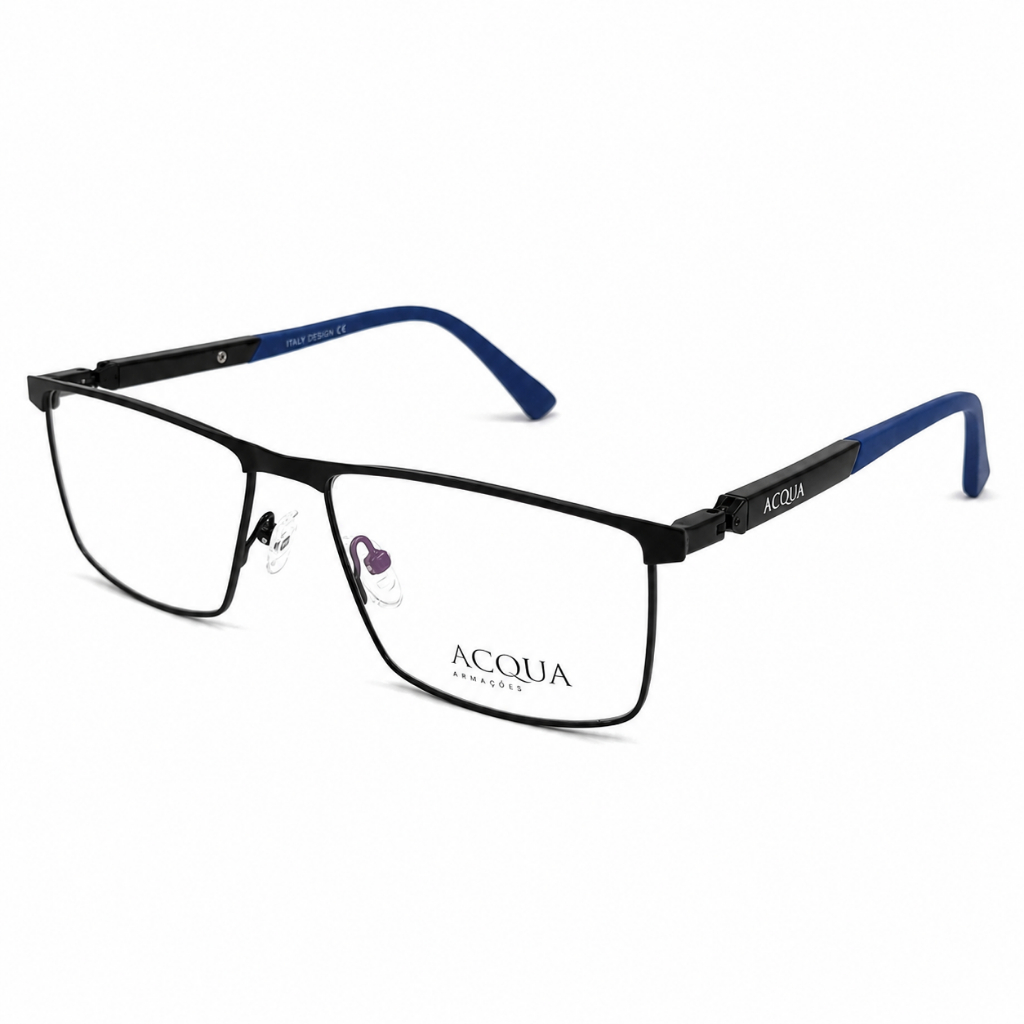 Armação Óculos Grau Acqua 55-17-140 Masculino Retangular Metal Preto Hastes Azul Premium Leve
