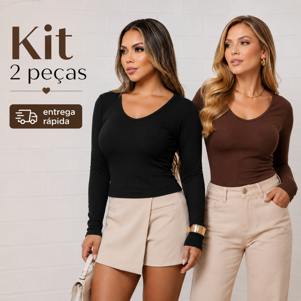KIT 2 Blusa Feminina Peluciada Inverno Manga Longa Canelada Gola V – Segunda Pele Quentinha Elegante