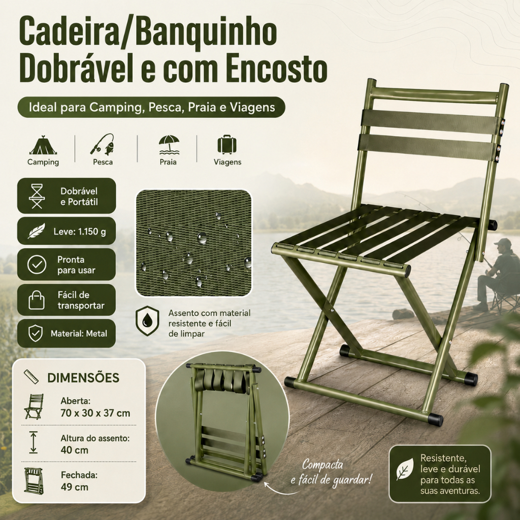 Cadeira Banco Dobrável com Encosto Camping Pesca Praia Portátil Material Leve e Resistente