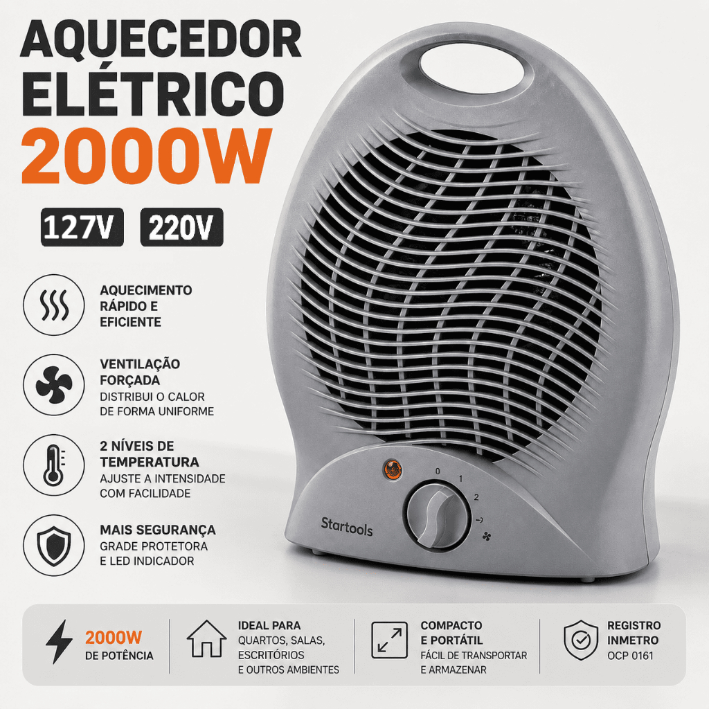 Aquecedor de AR  2000W Elétrico Portátil 2 Temperaturas Aquecimento Rápido 127V / 220V