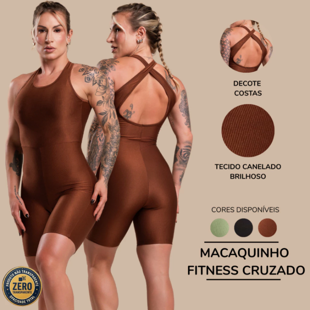 Macaquinho Macacão Tecido Canelado Brilhoso Academia Fitness Cruzado Costas Feminino Com Brilho RIQ Modas — imagem 1