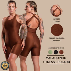 Macaquinho Macacão Tecido Canelado Brilhoso Academia Fitness Cruzado Costas Feminino Com Brilho RIQ Modas