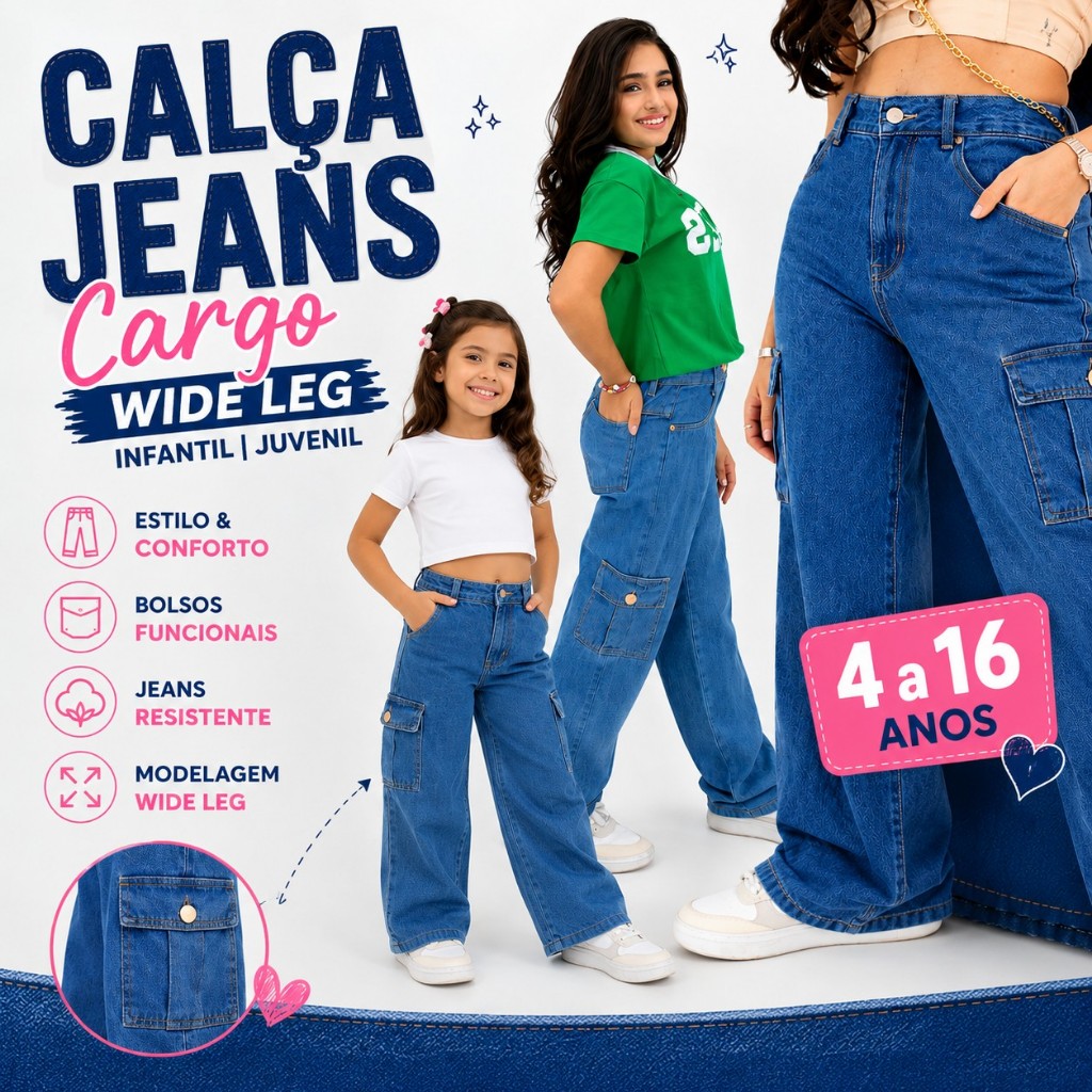 Calça Jeans infantil Juvenil Cargo Wide Leg Premium Moda Kids Estilo Gringa Blogueirinha Confortável