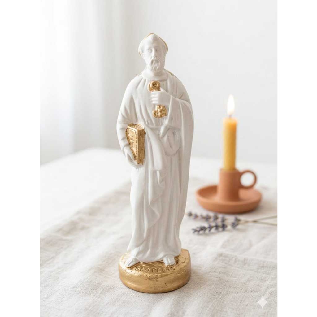 Imagem são pedro 18 cm gesso pintura perola e dourado presente de fé decoração religiosa arte sacra chave