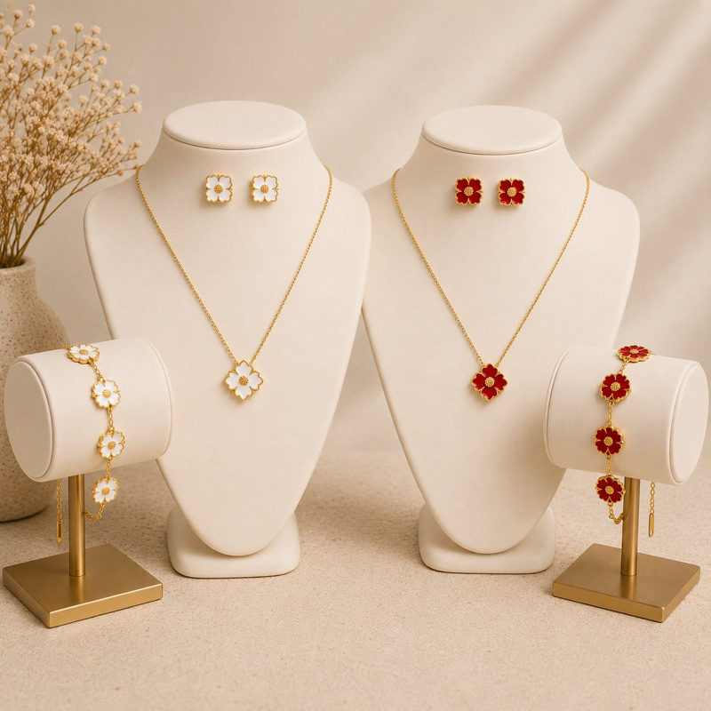 Conjunto Feminino Flor Dourada Luxo ✨ Colar + Pulseira + Brinco Aço Inoxidável 316L Antialérgico | Elegante, Delicado