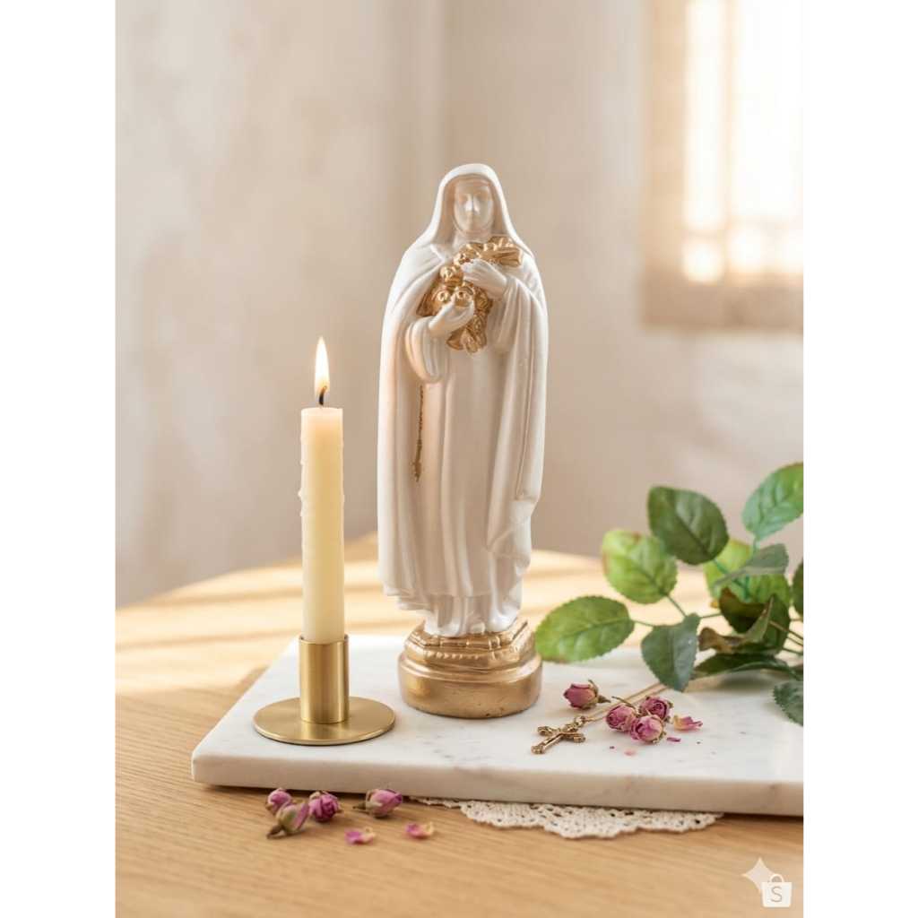 Imagem Santa Terezinha 20 cm gesso pintura pérola e dourado presente de fé arte sacra decoração reliogiosa rosas
