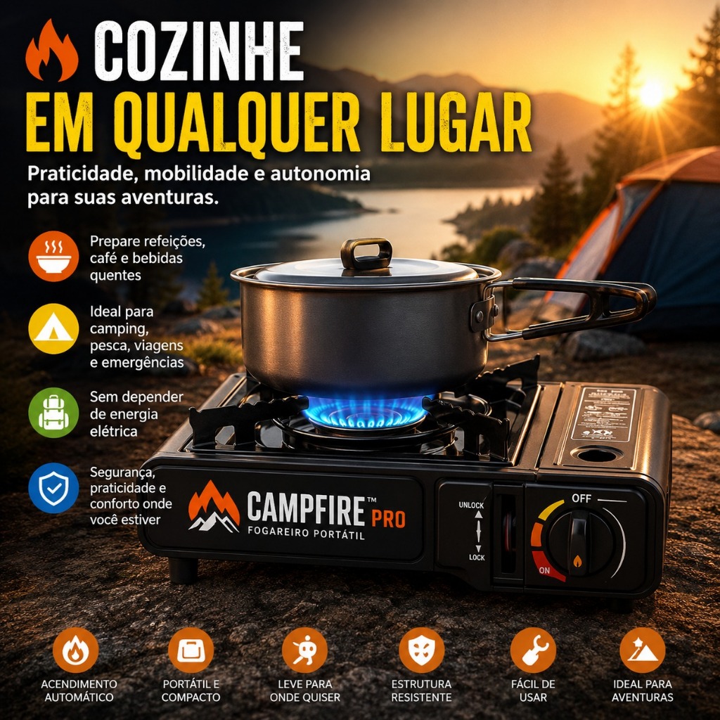 CampFire™ Pro Fogareiro Portátil a Gás Butano com Maleta para Camping, Churrasco e Aventuras