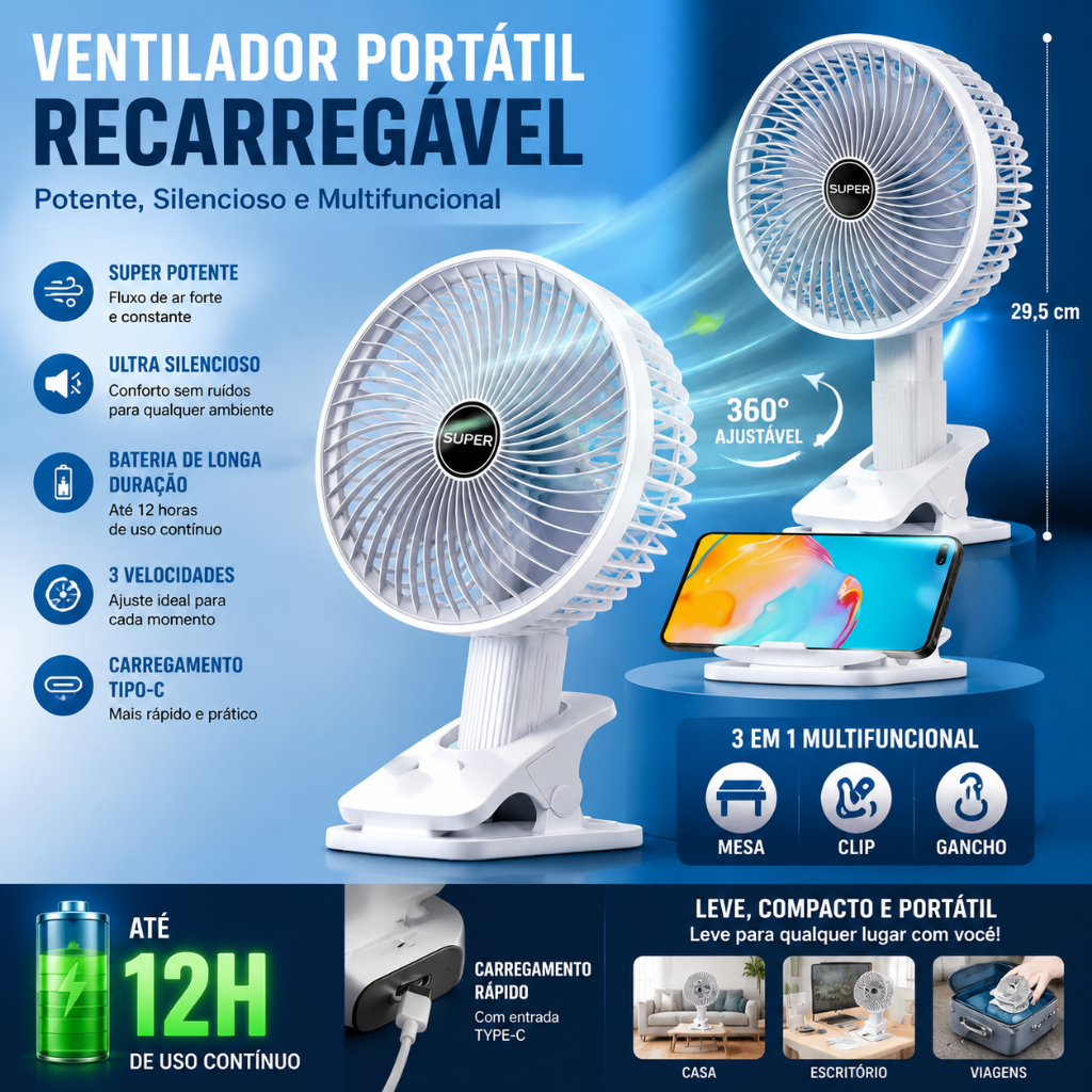 Ventilador Portátil Recarregável com Clip e Base, Suporte para Celular, Uso em Casa, Escritório e Viagem