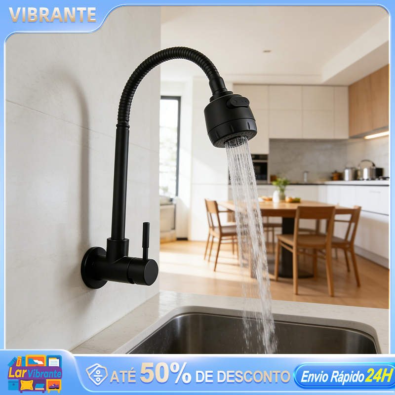Torneira Gourmet Flexível de Parede 360° Preta Cozinha com 2 Jatos Pronta Entrega