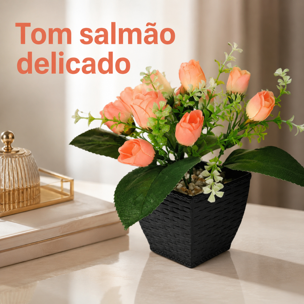 Rosas Artificiais Salmão 18cm Arranjo Decorativo Para Sala Quarto Escritório Mesa Aparador Presente