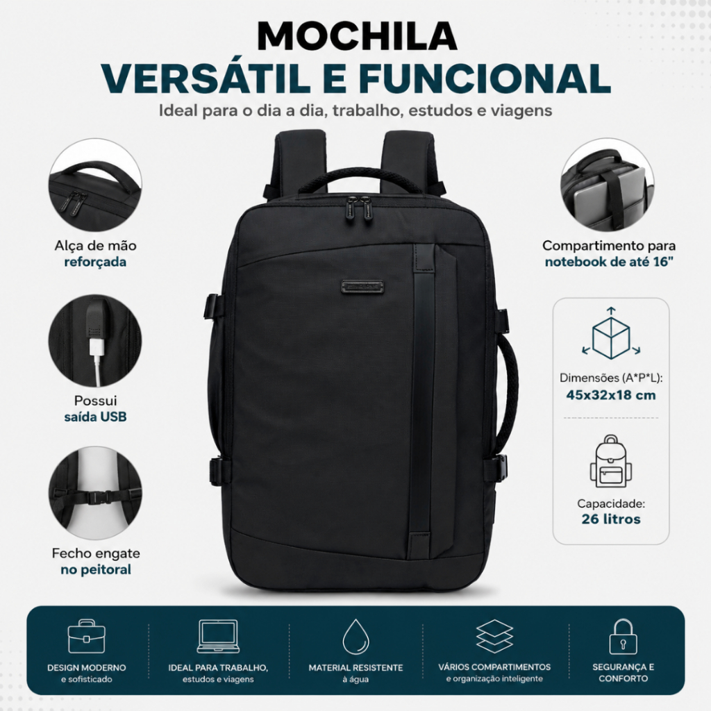 Mochila Executiva Masculina Trabalho Faculdade Reforçada Preta