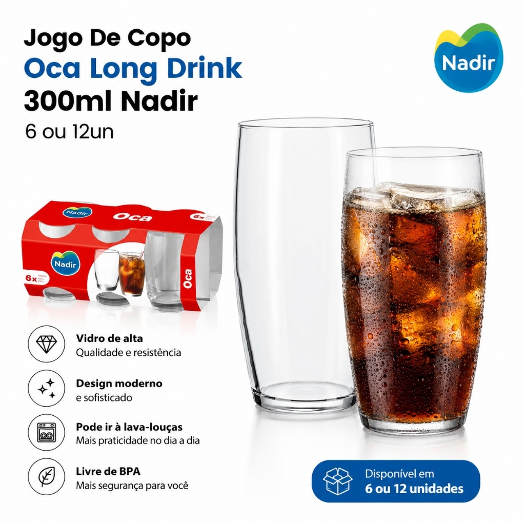 Jogo De Copo Oca Long Drink de Vidro Liso com 6 ou 12 Peças 300ml Nadir Figueiredo