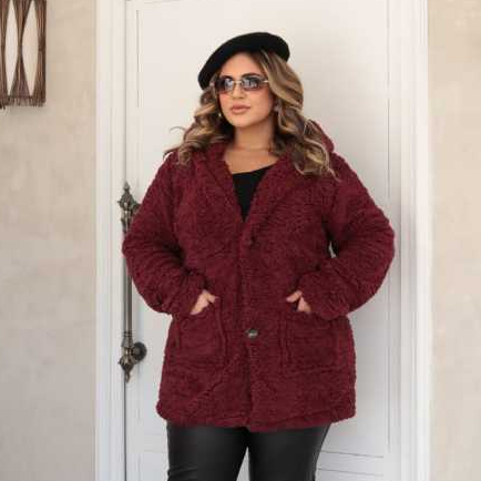 Casaco Teddy Feminino Plus Size Forrado Com Capuz Bolso Botão Casaco De Frio Inverno Quentinho