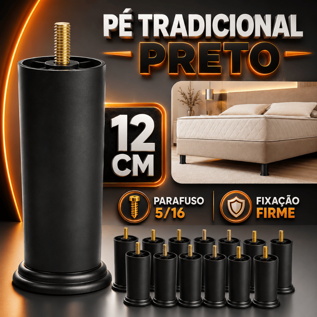 Pés Cama Box 12cm Reforçado | 1 a 12 Unidades | Casal Solteiro Queen Super Queen
