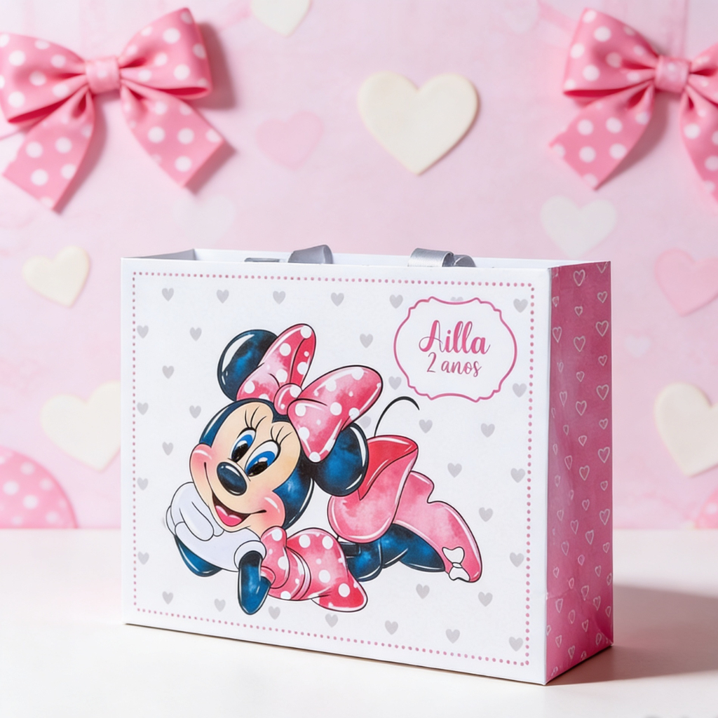 Sacolinha Personalizada Tema Minie Com Alça | Festa Infantil | Kit 10, 15 e 20 Unidades/ Pegue e Monte