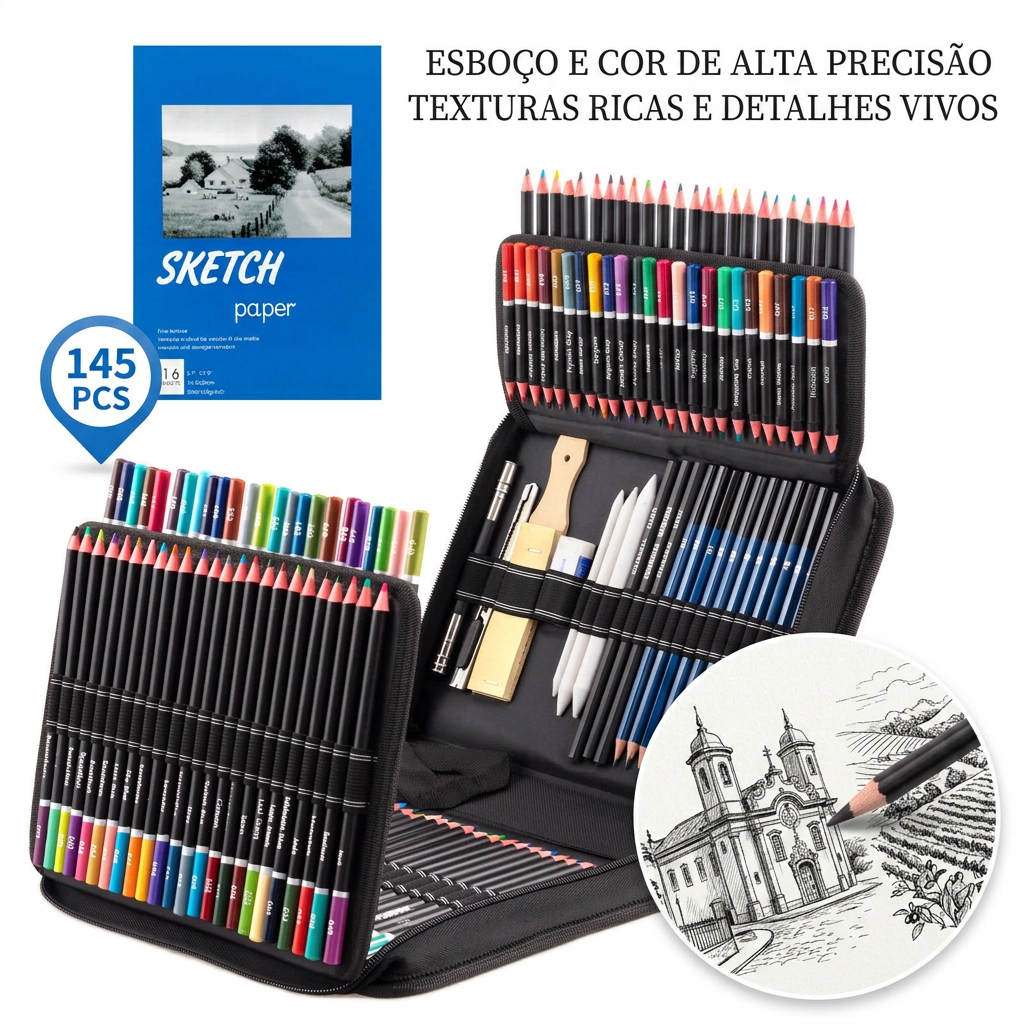 Estojo de Lápis de Desenho Completo 35/71/145 Pcs – Profissional para Arte, Sket