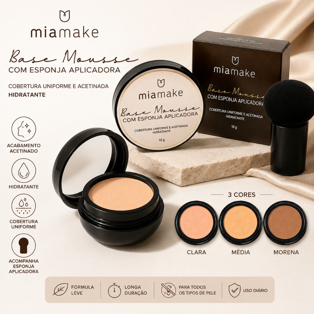 BB/Base Mousse Mia Make Com Esponja Aplicadora E Espelho Cobertura Natural 18g