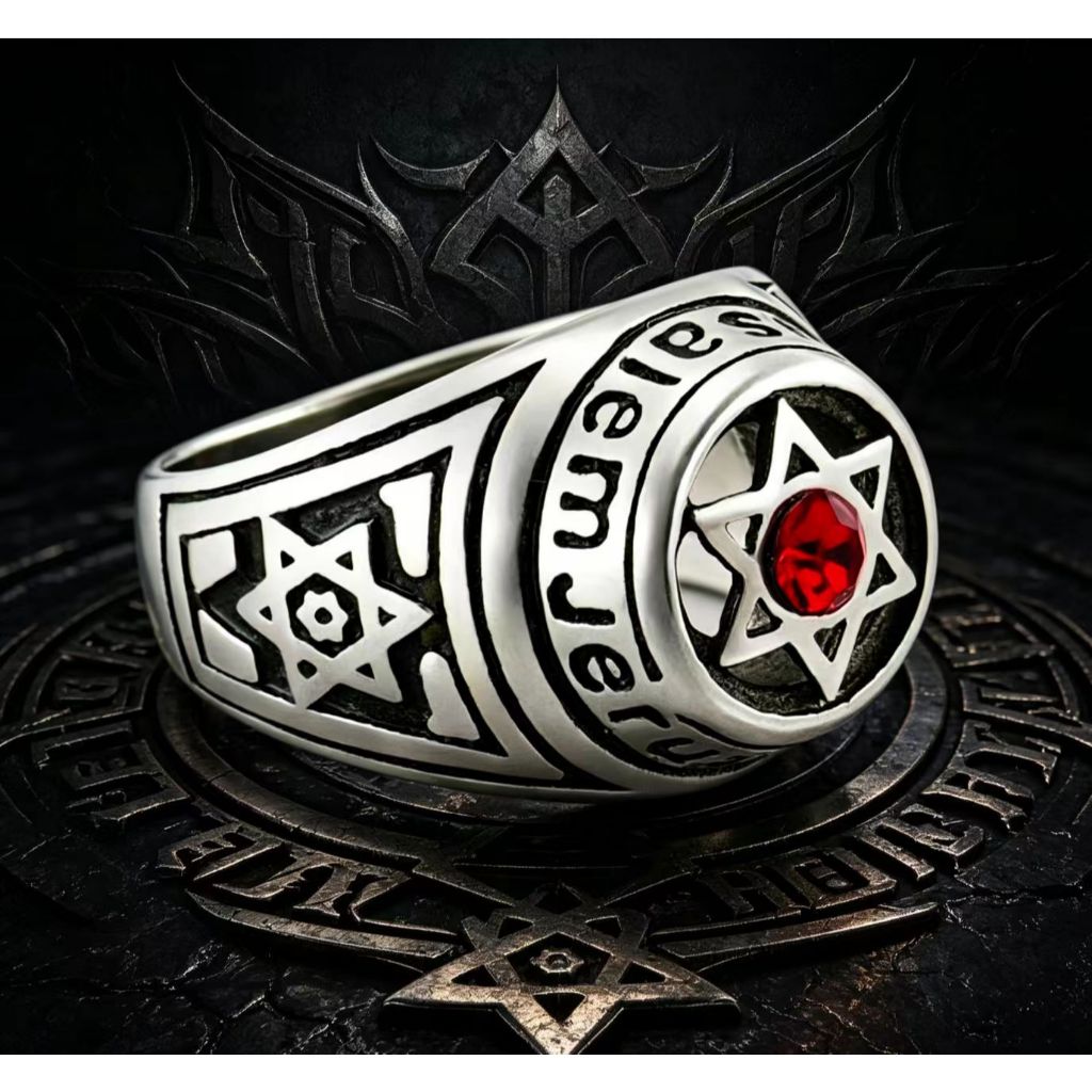 Anel Dourado Estrela de Davi Jerusalem Pedra Rubi Masculino Estilo Biker