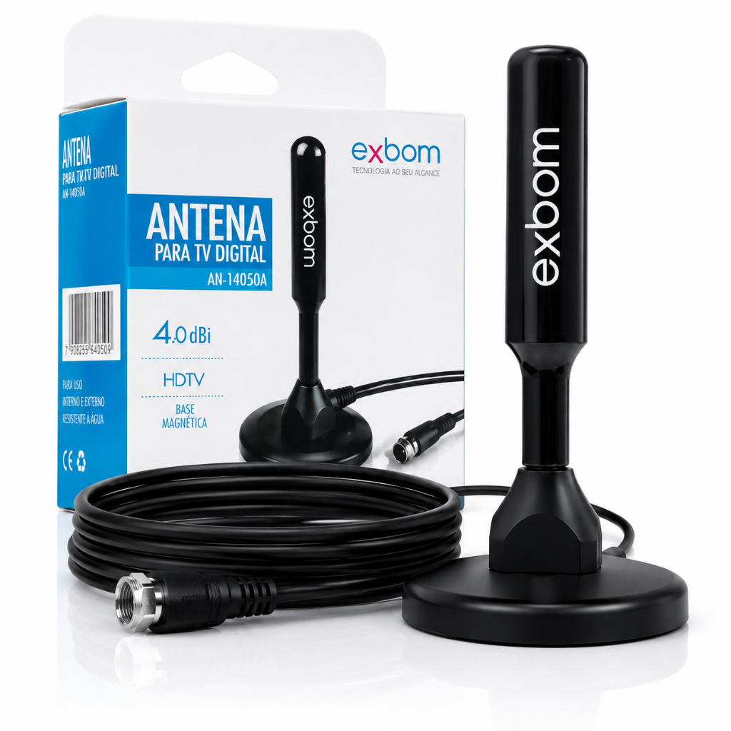 Antena Digital HDTV 5 Metros Base Magnética Interna Externa UHF VHF FM TV Digital Exbom