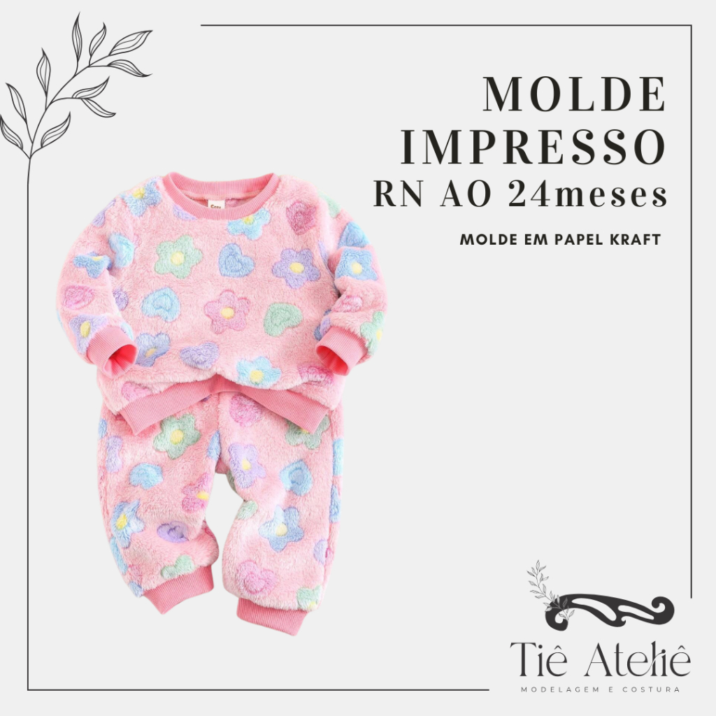MOLDE EM PAPEL KRAFT DE PIJAMA COM RIBANAS PARA BEBÊS COSTURA MODELAGEM EM PAPEL KRAFT