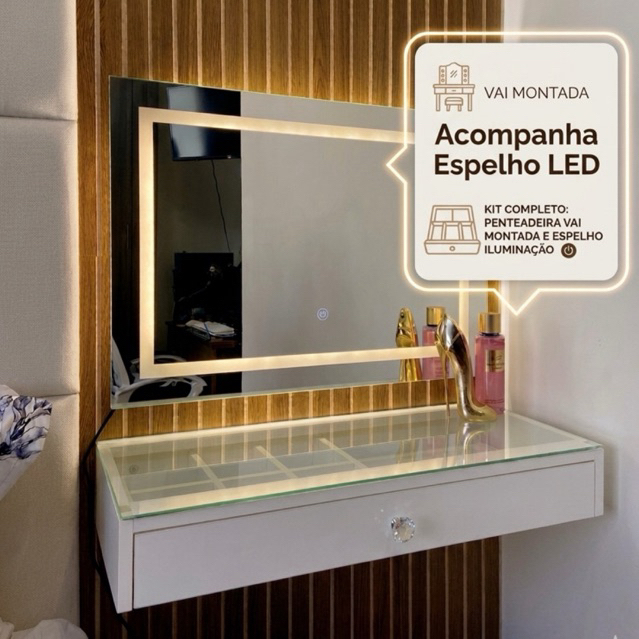 Kit Penteadeira De Vidro Com Espelho Led Touch Camarim Escrivaninha Quarto